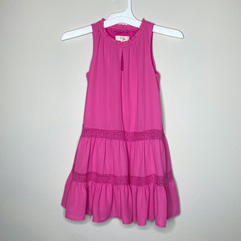 GB Girls Fuchsia Tiered Lace Insert Sleeveless Ruffled Elastic Scoop Neck Sz 5